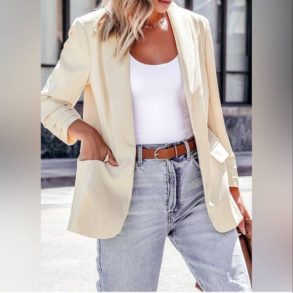🎄NWT‎ Cupshe Collared Long Sleeve Beige/Cream Blazer with Pockets Size Small - Picture 5 of 7